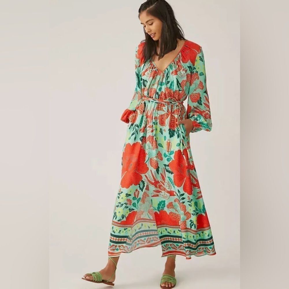 Farm Rio Poppy Maxi Dress Anthropologie Floral Balloon Sleeves Small Petite